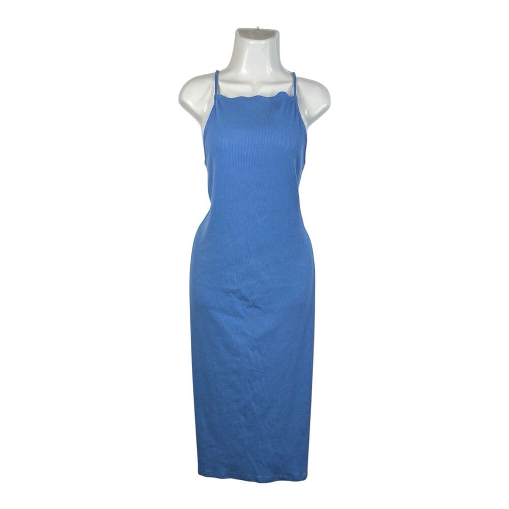 Old Navy High Neck Sheath Dress Large Blue Sleeveless Ribbed Bodycon Midi Casual